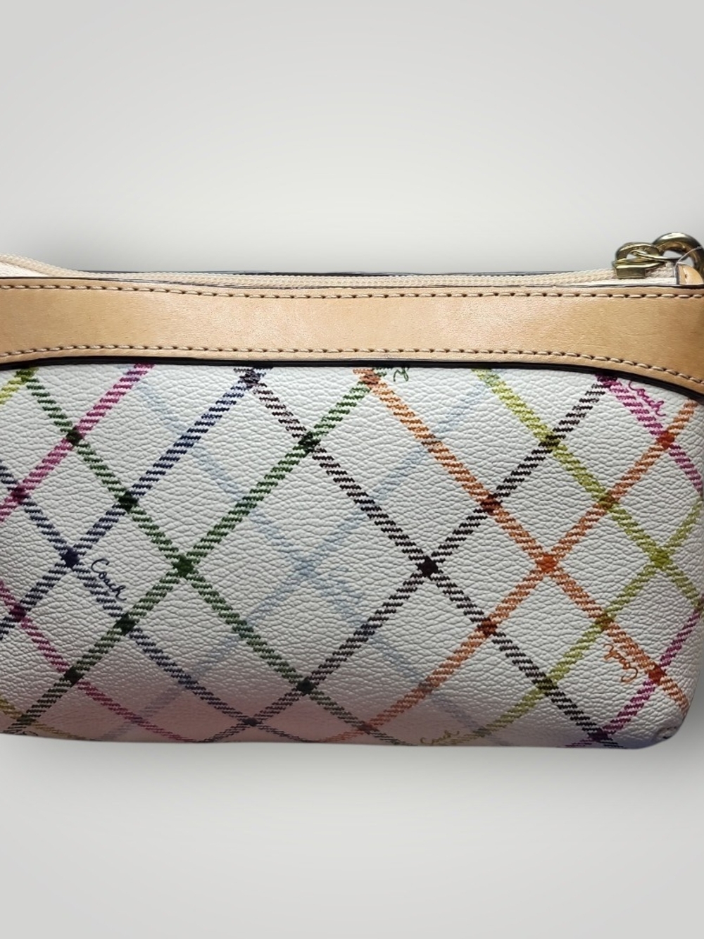 COACH Peyton Tattersall Plaid Wristlet Chalk Multi Gold Leather Trim Like New - Picture 3 of 7